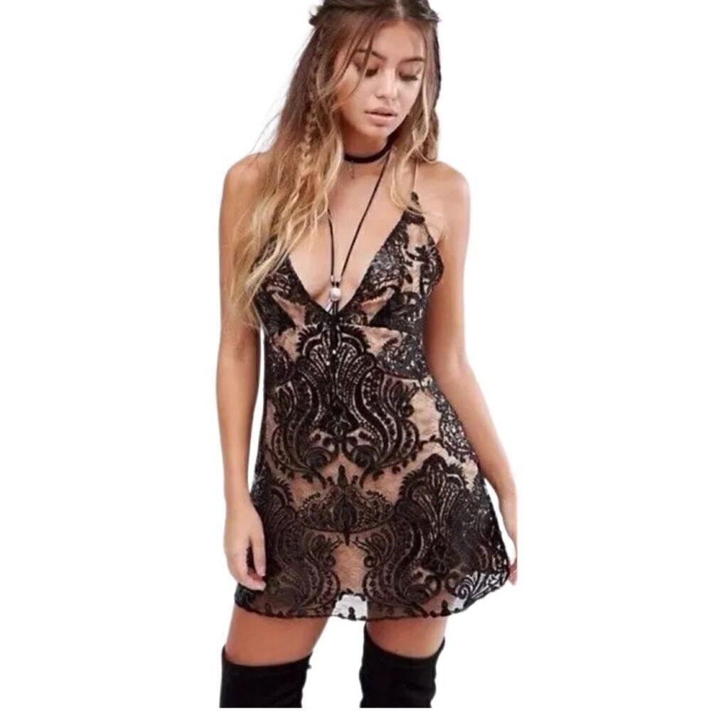 New! Free People Night Shimmer Sequin Nude Illusion Mini-Dress Sz 2